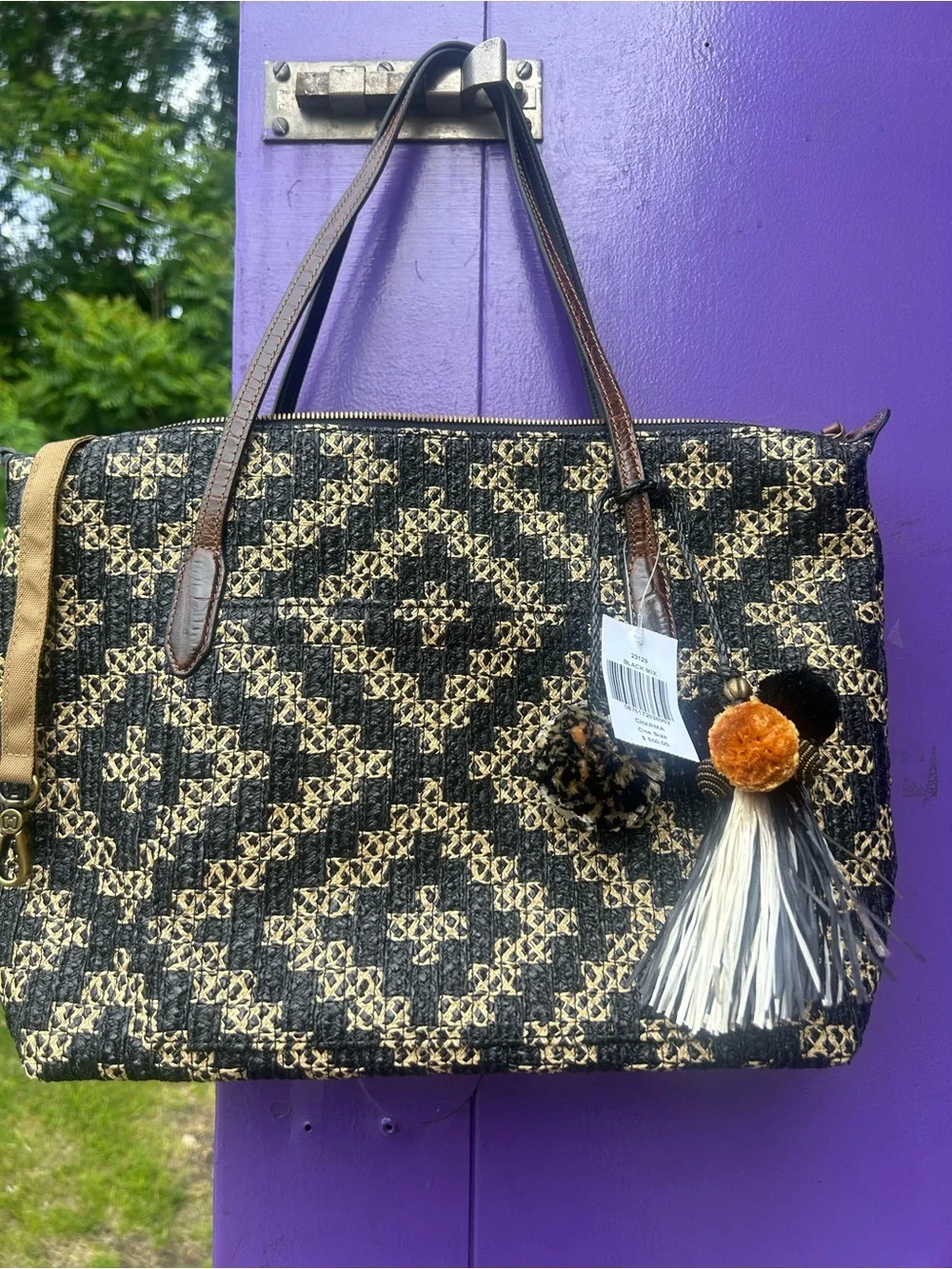 ERIC JAVITS Woven Black Tan Geometric Tote Bag NWT